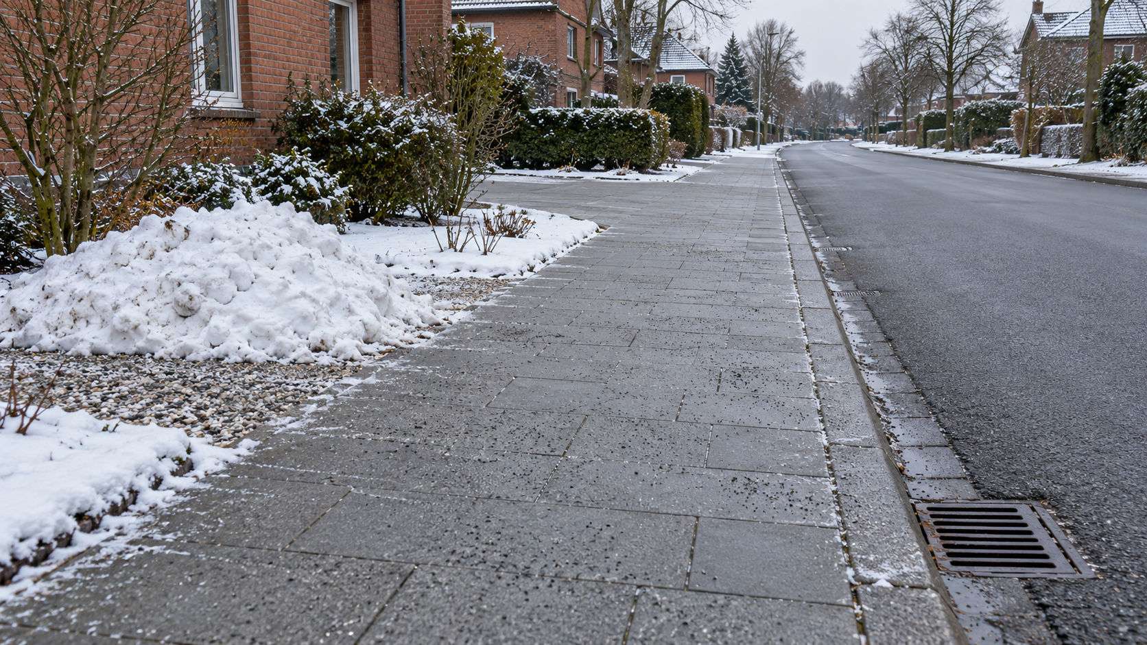 Schneeablage neben einem freien Gehweg mit offenem Straßenablauf
