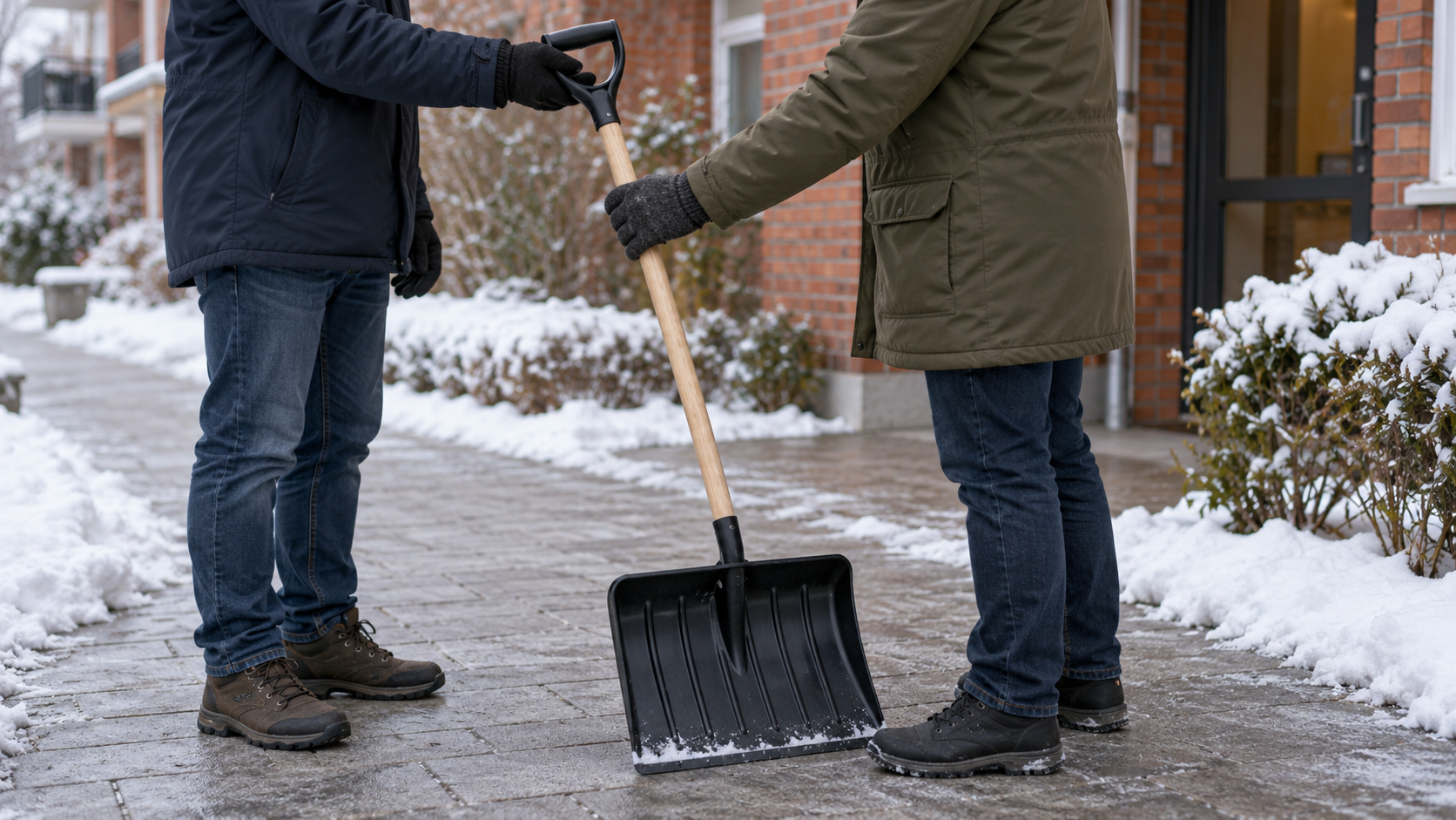 Übergabe einer Schneeschaufel auf einem geräumten Gehweg
